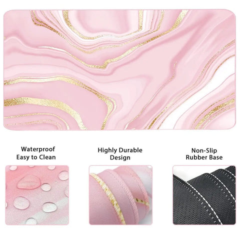 Large Extended Keyboard And Mouse Pad Set With Memory Foam Wrist Rests For Ergonomic Typing Ultra Smooth Desk Pad 3 Piece Pink Gold For Home Office Study And Gaming, featuring pink gold marble design, durable and waterproof.