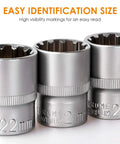 Close-up of 21mm, 20mm, and 22mm chrome vanadium steel sockets from the Half Inch Drive Universal Spline Socket Set For SAE And Metric Bolts