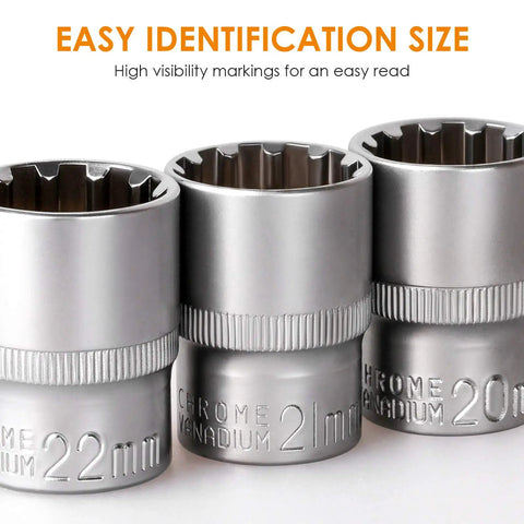 Close-up of 21mm, 20mm, and 22mm chrome vanadium steel sockets from the Half Inch Drive Universal Spline Socket Set For SAE And Metric Bolts
