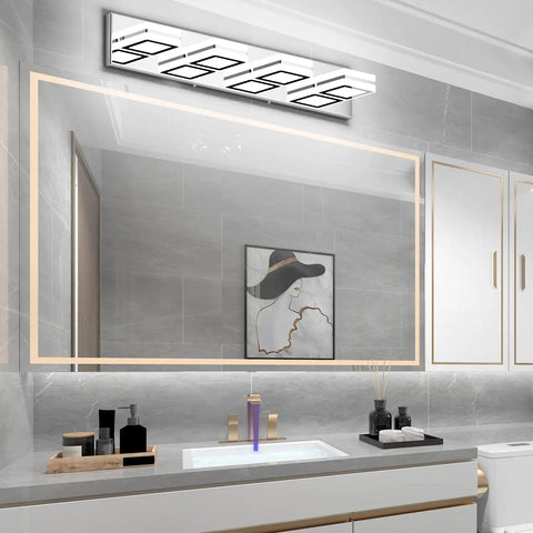 4 Light LED Bathroom Vanity Light With Up And Down Glow, Chrome Wall Mount, Rotatable Acrylic Heads, Modern Mirror Lighting For Powder Room Or Bath, Sleek Chrome Vanity Bar