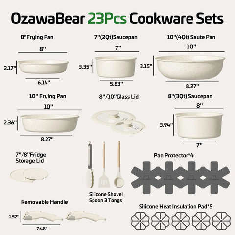 23 Piece Nonstick Ceramic Cookware Set With Detachable Handles Induction Compatible And Oven Safe Cream White Eco Friendly Kitchen
