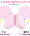 Double-sided mini pink buffers showing 100/180 grit differences in the Mini Nail Buffer Blocks Set 100 180 Grit For Nail Prep And Gel Polish Sponge Buffing Sanding Blocks File Kit Pro Grade Bulk 50 Pcs Pink For Home And Salon Manicures Nail Art Prep Smooth Finish.