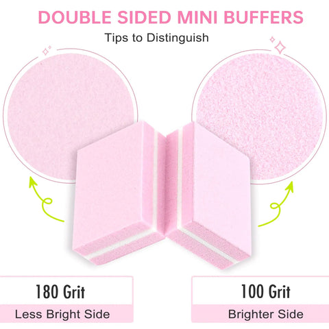 Double-sided mini pink buffers showing 100/180 grit differences in the Mini Nail Buffer Blocks Set 100 180 Grit For Nail Prep And Gel Polish Sponge Buffing Sanding Blocks File Kit Pro Grade Bulk 50 Pcs Pink For Home And Salon Manicures Nail Art Prep Smooth Finish.