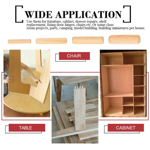 Wooden Dowel Pins Set 500 Pcs Assortment Fluted Beveled Hardwood Dowels for chair, table, and cabinet assembly displayed in use