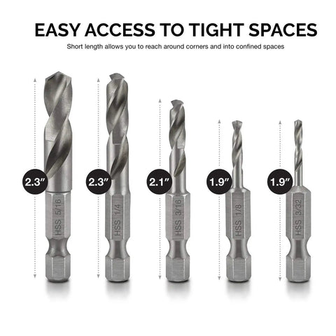 Stubby Drill Bit Set For Metal, Five Piece One Quarter Inch Quick Change Hex Shank, M2 High Speed Steel displayed in varying lengths