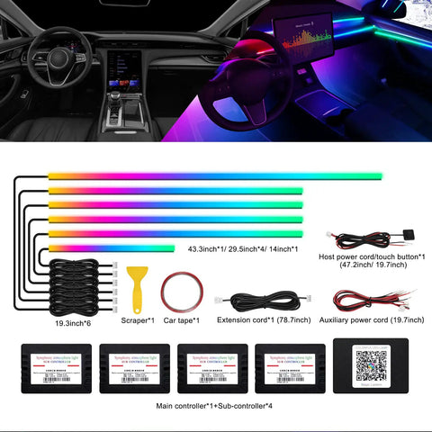Car Interior LED Strip Light With App Control Dreamcolor RGB 6 In 1 Kit, components and installation examples in automotive cabin
