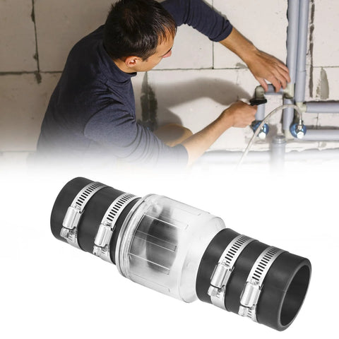 Close-up of QWORK CV-150 1-1/2in silent check valve with clear body and steel hose clamps