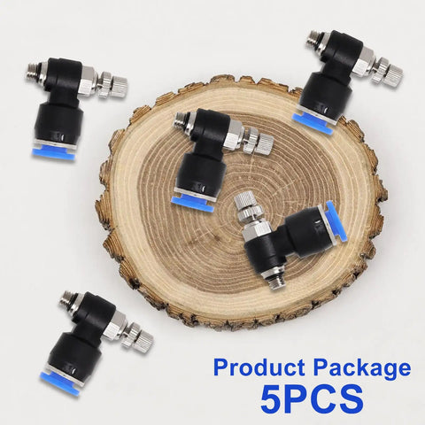 Compact Quick Connect Air Hose Fittings Set 5 Pack 6mm Tube To M5 Male Thread Push In Connectors displayed on wood