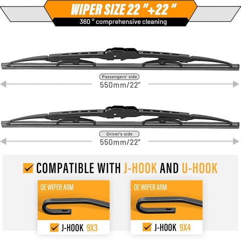 Image showing 22-inch windshield wiper blades for Dodge Ram 1500-4500, compatible with J-hook and U-hook, 2009-2018 models, all-weather performance.