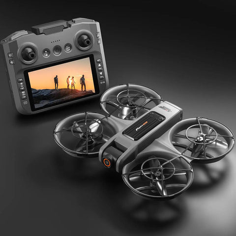 Big Screen Remote Control Drone With Dual Cameras, 4.92 Inch Display and remote showcasing FPV and prop guards