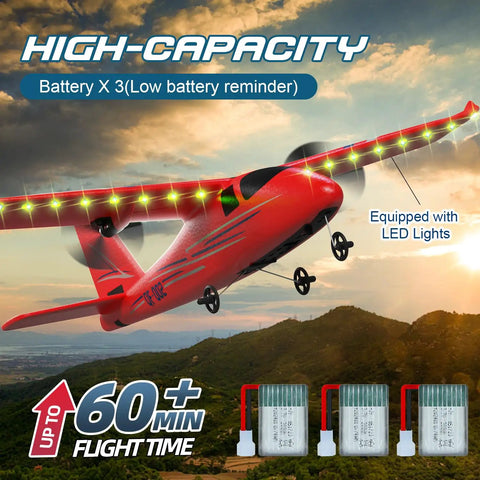 Red RC airplane in flight with LED lights, 2.4Ghz RC Airplane For Beginners 2CH Remote Control Plane With Gyro Stabilizer Includes 3 Batteries And Charger Easy To Fly For Kids Teens And Adults Red Ready To Fly