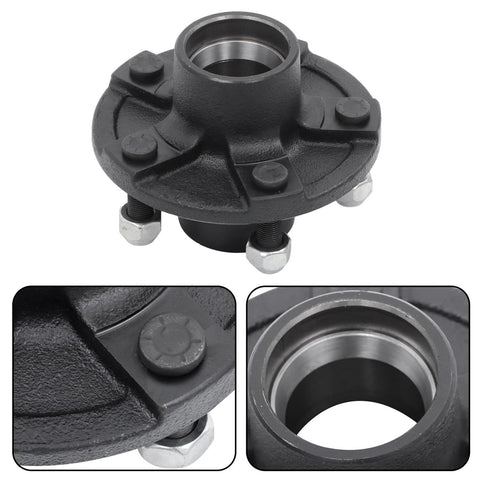 Front view of black trailer hub kit with four mounting bolts and inner bearing bore.