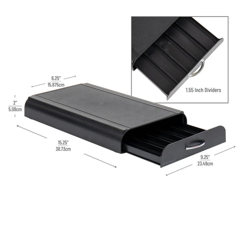 Compact Single Serve Coffee Capsule Drawer Organizer Holds 50 Small Pods Upright With Flat Base, Black Finish, Dimensions Shown