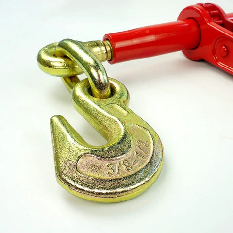 Close-up of Heavy Duty 3/8 To 1/2 Inch Chain Binder Set with grappling hook end and ratchet, 9,200 Lbs Working Load Limit.