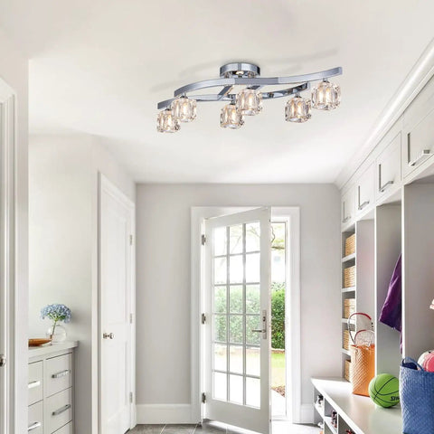 Modern Elegant Glass Crystal Ceiling Chandelier Six Light Chrome Flush Mount Lighting Fixture in hallway scene.