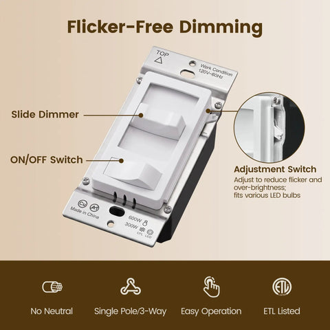 Real Smooth Flicker Free Dimmer Switch For Leds And Cfl Bulbs Handles Zero Buzz Dimming At Every Level Features profile of slide and on/off switches.