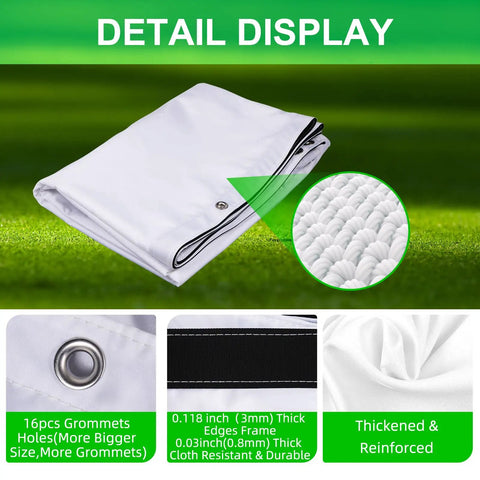Detail display of thicker golf impact screen with probe and snap hooks and grommet holes for indoor outdoor training
