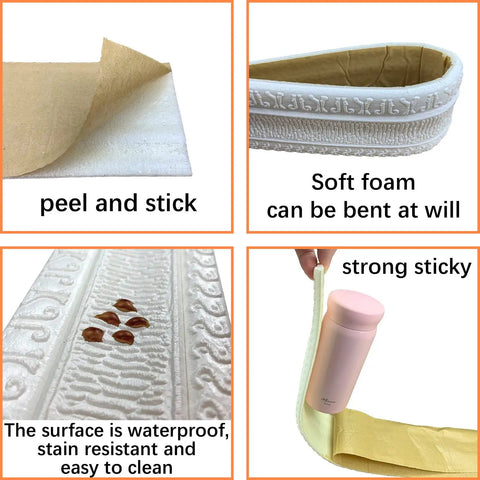 Peel And Stick 3D Crown Molding Foam Wall Border Self Adhesive Baseboard Trim White 2 Pack waterproof flexible detail view