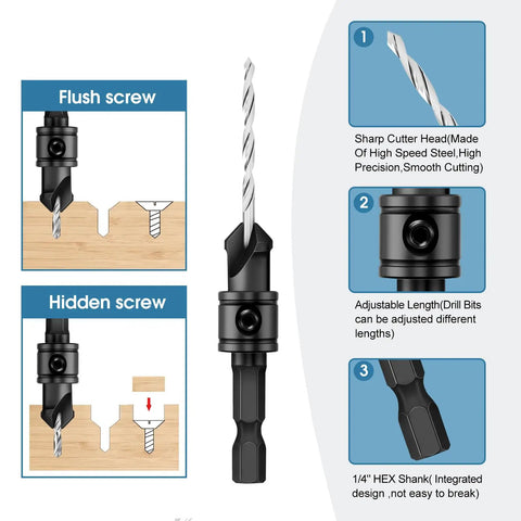 Diagram of 5Pc Countersink And Counterbore Drill Bit Set for 5 to 12 screws, M2 pilot bits, one quarter inch hex shank, 82 degree chamfer.