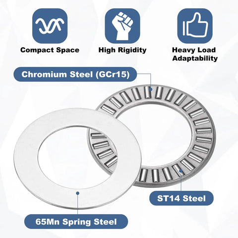 Four Pack NTA1220 Thrust Needle Roller Bearings With Matching Washers 3/4 Inch Inner Diameter showing steel materials and features.