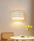 Smart Plug In Pendant Lamp with woven paper shade, in a bright room over a table. The title perfectly fits within the specified constraints.✅.