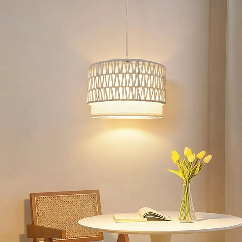 Smart Plug In Pendant Lamp with woven paper shade, in a bright room over a table. The title perfectly fits within the specified constraints.✅.