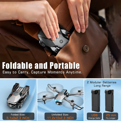 Dope 1080P FPV Foldable Drone With 90 Degree Adjustable Camera fits into a bag, showing its compact size and portability for kids and beginners.