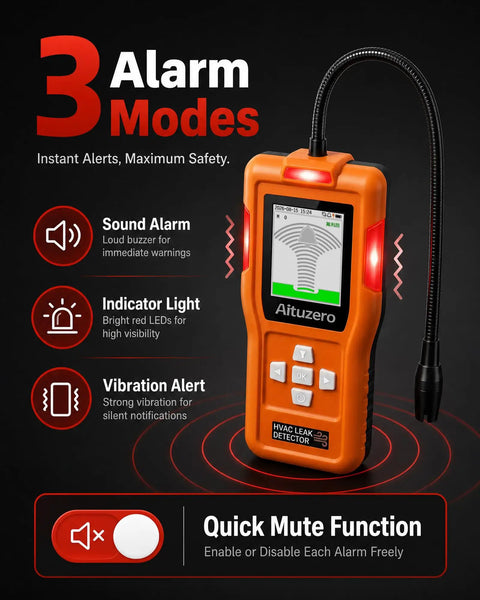 Rechargeable Refrigerant Leak Detector With Japanese Sensor, Three Sensitivity Levels, TFT Display, Three Alarm Modes, AC Gas Sniffer For R134a R410A R22 R1234YF R32, Pro Grade HVAC Tool showing 3 alarm modes