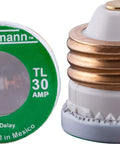 Type T TL 30 Amp Time Delay Fuses 2 Pack 125VAC UL Listed for motorized appliances, green labeled TL 30 amp fuse and side view