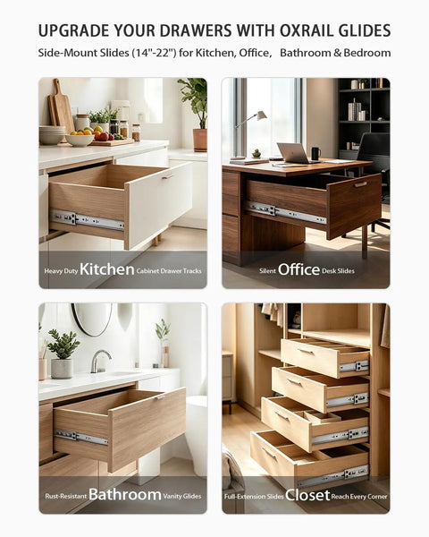 Soft Close Drawer Slides 14 Inch Side Mount Glides, 6 Pair, 3 Fold Full Extension Ball Bearing Rails, kitchen and office use.