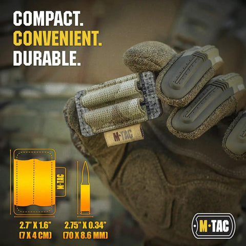 Gloved hand holding Two Round Rifle Bullet Holder For 338 Caliber With Hook And Loop Strap Buttstock Shell Carrier