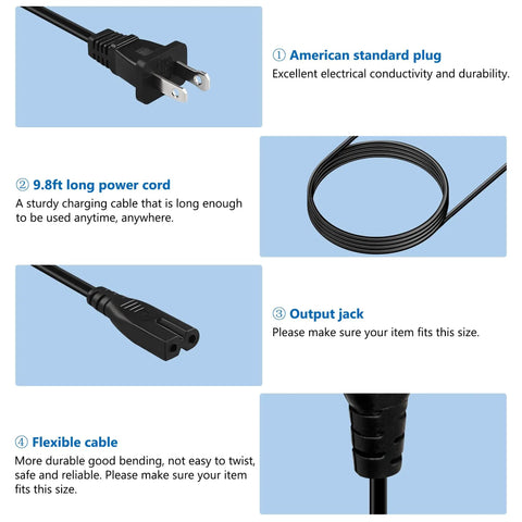 Nine Point Eight Foot Sewing Machine Power Cord 2 Prong Cable for Home Sewing Machines, features American standard plug, 9.8ft long cable, output jack.
