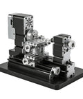 Precision Mini Metal Lathe 60W 12000 RPM Four Axis Micro Machining Tool with metal components and detailed controls.