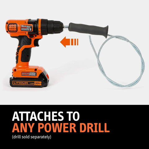 Drill Powered Tub And Sink Snake Auger Clog Remover for Bathroom Drains attaches to power drill with 42 inch steel cable