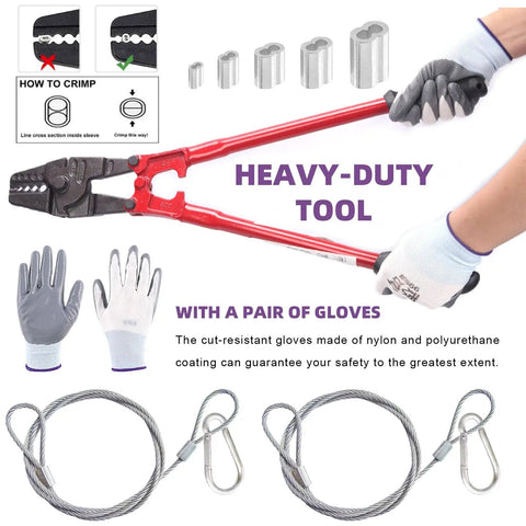123 Piece Wire Rope Hand Swager Crimping Tool Kit With 24 Inch Cable Cutter Aluminum Loop Sleeves Aircraft Grade Rope Thimbles Gloves