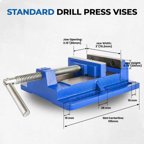 3 Inch Heavy Duty Drill Press Vise Portable Bench Clamp With Slotted Base And Serrated Steel Jaws, measurements shown.