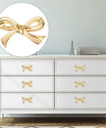 White dresser with Bow Shape Cabinet Knobs Set Of 6 Brass Vintage Gold Finish Drawer Pulls For Dresser Kitchen Cupboard Wardrobe Decor Bow Hardware With Screws And Easy Install installed.