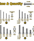 1290 Piece Stainless Steel M2 M3 M4 M5 Screw And Nuts Kit sizes and quantities chart showing 16 metric options
