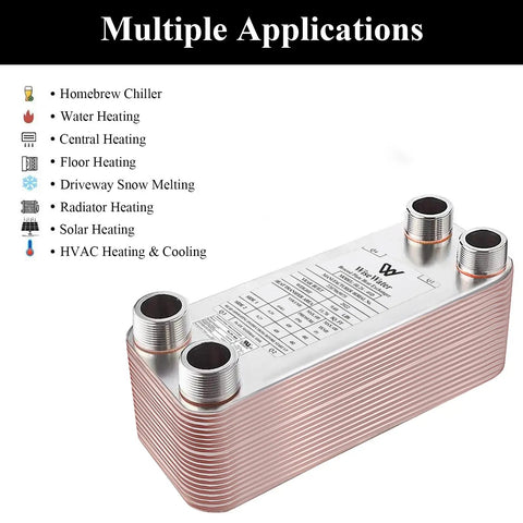 4 Inch By 12 Inch 20 Plate Water To Water Heat Exchanger With Copper And 316L Stainless Brazed Plates For Floor Heating, Water Heating, Snow Melting, Rugged Built To Last, High Temperature And Pressure Ready