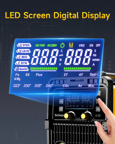 MIG 200Pro Welder With 110/220V Dual Voltage And Large LED Display showing settings and modes in digital screen interface.