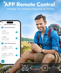 Man using smartphone to control Two Zone WiFi Water Timer For Garden Hose with app in outdoor setting