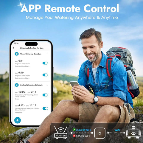 Man using smartphone to control Two Zone WiFi Water Timer For Garden Hose with app in outdoor setting