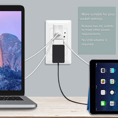 No Fuss Dual Usb Wall Outlet With Auto Light Sensor 4.2A Fast Charge Port 15 Amp AC Receptacle in use with devices, white faceplate.