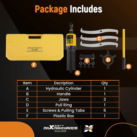 20T Hydraulic Gear Puller Kit With 2 Or 3 Jaw Puller, Wheel Bearing Hub Separator shown with components labeled A-F