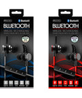 Slick Bluetooth Wireless Sports Earbuds Featuring Removable Ear Hooks And Rugged Flat Cable Design Pure Bass Vibes Built In Microphone packaging in blue and red.