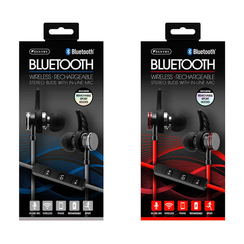 Slick Bluetooth Wireless Sports Earbuds Featuring Removable Ear Hooks And Rugged Flat Cable Design Pure Bass Vibes Built In Microphone packaging in blue and red.