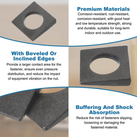 Image of Beveled Square M12 Washers Set, 10 Pack, 2 To 6.3 Mm Thick Carbon Steel Wedge Washers For Shim Leveling And Heavy Duty Fastener Support, Black, 28x28 Mm, Inner Diameter 13.5 Mm showcasing features of premium materials, beveled edges, buffering and shock absorption.