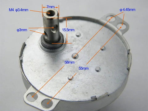 Top view of 12V DC Gearbox Motor JS-50 With 10 RPM CW CCW, M4 Thread Shaft, 7mm Shaft Diameter showing measurements