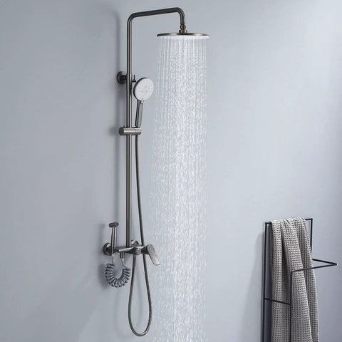 UBNMIUBV Shower System, 4 Functions Classic Shower Mixer Set with 9In/23Cm Round Shower Head and hand shower in Gun Gray.