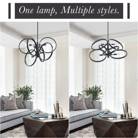 Contemporary Black Sputnik Chandelier Ceiling Light 6 Light Mid Century Geometric Circle Pendant in modern living room.